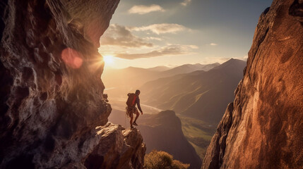A rock climber scaling a sheer cliff face with a beautiful mountain range in the background - ai generative
