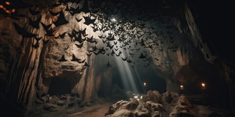 A colony of bats hanging upside down in a cave, concept of Chiroptophobia, created with Generative AI technology