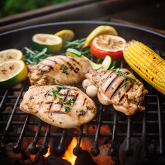 grilled chicken and vegetables on homemade backyard grill