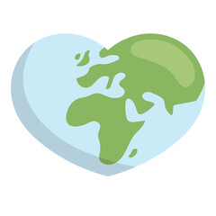 Heart shaped planet earth icon. Save the world. Eco friendly environmental message. Love. Map centered in Africa and Europe.