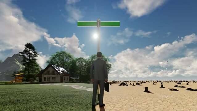 3D animation of businessman trying to make an environmental decision with blank sign, timelapse sunrise