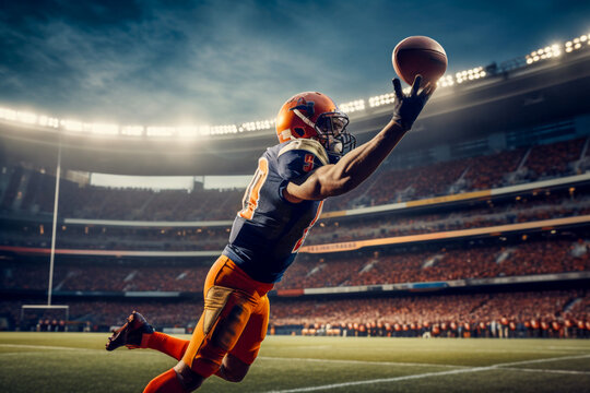 A football player leaping high into the air to catch a pass - ai generative