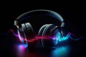 Fototapeta na wymiar Headphones on a black background. Neon light. Creative photo earphones.