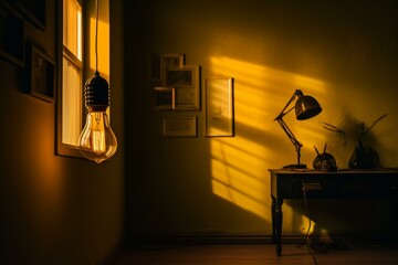 A yellow-walled room with a light bulb and its black silhouette on the side wall. Generative AI