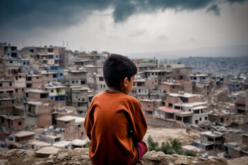 Kleiner Junge mit einem orangen T-Shirt, im Hintergrund eine verlassene Stadt, erstellt mit KI