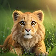 cute little lion - pltn style, Photography,a butterfly sat on the nose of a little lion cub in the grass in the meadow created by generative ai tools - obrazy, fototapety, plakaty