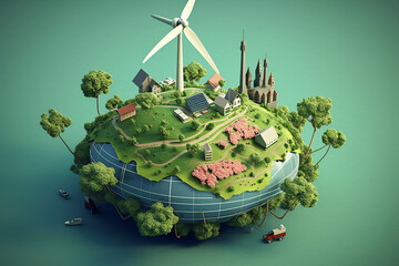 Planet Erde auf blauem Hintergrund, Weltumwelttag, Windenergie, Windkraftwerk, grüner Strom, Wasser, 3d, cartoon, erstellt mit KI - obrazy, fototapety, plakaty