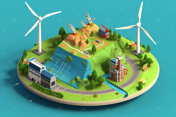 Planet Erde auf blauem Hintergrund, Weltumwelttag, Windenergie, Windkraftwerk, grüner Strom, Wasser, 3d, cartoon, erstellt mit KI - obrazy, fototapety, plakaty