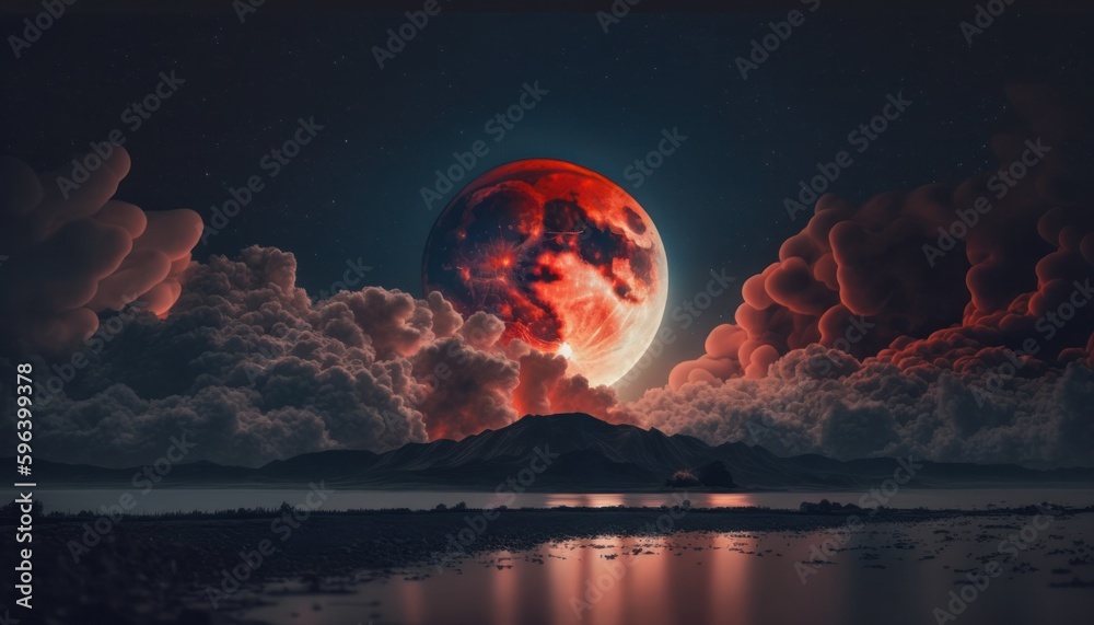 Wall mural blood moon or red moon in the night time sky with clouds concept generative ai