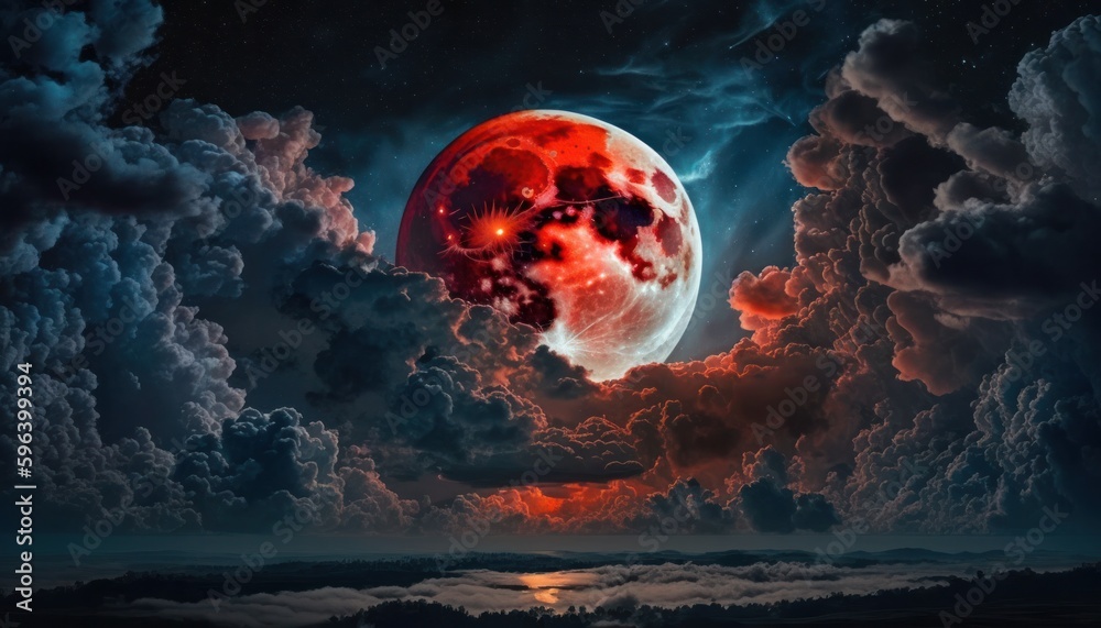 Wall mural blood moon or red moon in the night time sky with clouds concept generative ai