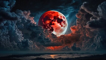 Blood moon or red moon in the night time sky with clouds concept generative ai