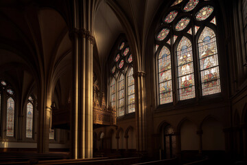 Fototapeta premium Chruch from the inside, beautiful colored windows, Ai generated