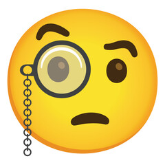 Face with Monocle Vector Emoji Icon. Isolated yellow face with furrowed eyebrows wearing a monocle. Pondering, considering, sophistication, smug intelligence, smarty-pants face sign sticker design.