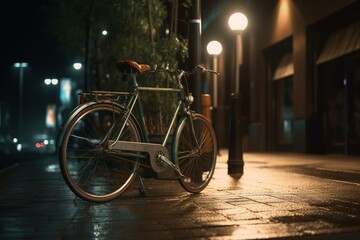 Fototapeta na wymiar Digital art of a bike with lights on pole at night. Generative AI