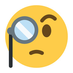 Face with Monocle Vector Emoji Icon. Isolated yellow face with furrowed eyebrows wearing a monocle. Pondering, considering, sophistication, smug intelligence, smarty-pants face sign sticker design.