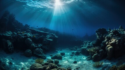  a underwater view of a coral reef with sunlight shining through the water.  generative ai