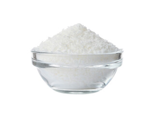 Coconut flakes in a glass bowl isolated.