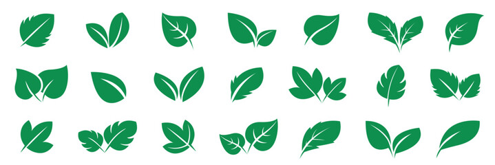 Green leaf icons set collection. Simple green leaf ecology nature. Ecology symbol. Leafs green color icon logo.