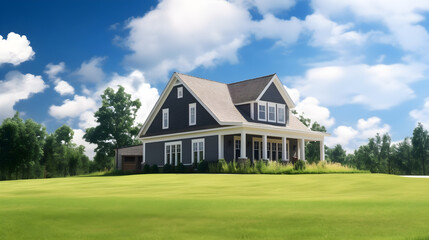 Fototapeta na wymiar Big house with blue sky and green lawn 