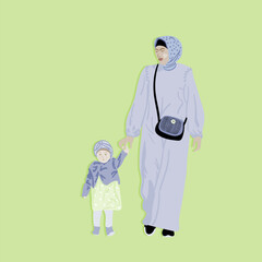 Muslim Arab woman and her child walking in the park, vector illustration. Warm relationship between daughter and mother in flat style. The concept of family and traditions.