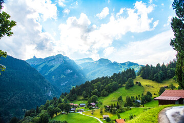 Fototapeta na wymiar Breathtaking mountain landscape above the city Lauterbrunnen in the Swiss Alps, Switzerland. Amazing places.