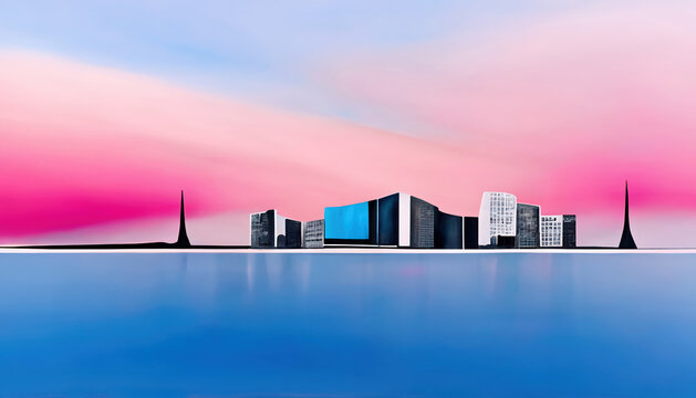 Cityscape architecture. Urban design. Pink blue color skyscraper building sunset sky sea art illustration abstract background with free space.