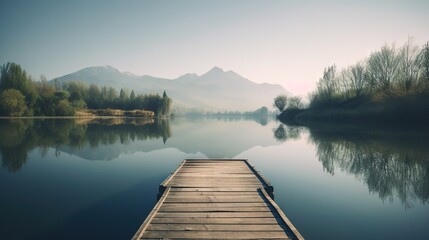  a wooden dock sitting on top of a lake next to a forest.  generative ai - obrazy, fototapety, plakaty