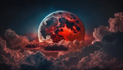Fototapete Bordeaux Blood moon or red moon in the night time landscape with clouds concept generative ai