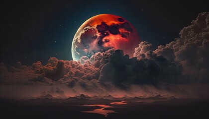 Blood moon or red moon in the night time landscape with clouds concept generative ai