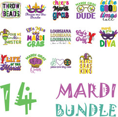 14 Mardi Gras Eye catching Colorful Typographic Bundle on White Background. Print Ready Graphic Template for Print on Demand Industry and Clothing Business.