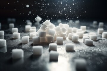 Background of small, white sugar cubes scattered on a surface. Generative AI
