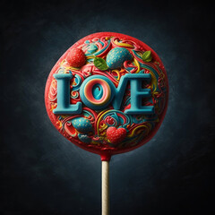 Strawberry flavor lollipop with the word Love, Generative AI