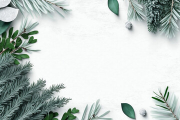 winter or Christmas themed banner / background with a border of green fir tree twigs, frosted greenery and eucalyptus leaves on a white wooden board, copyspace for your text, flat lay Generative AI