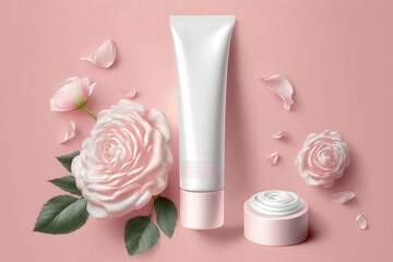 White empty cosmetic tube, on a pink background with delicate pink roses. Natural cosmetics with rose extract or skin care spa salon or organic spa salon mockup Generative AI
