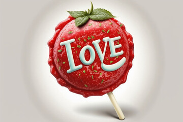 Strawberry flavor lollipop with the word Love, Generative AI