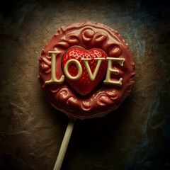 Strawberry flavor lollipop with the word Love, Generative AI