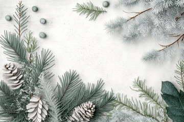 winter or Christmas themed banner / background with a border of green fir tree twigs, frosted greenery and eucalyptus leaves on a white wooden board, copyspace for your text, flat lay Generative AI