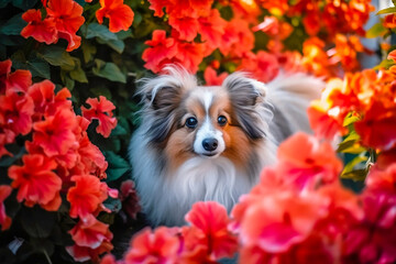 Portrait of miniature Sheltie dog between flowers. Generative AI illustration
