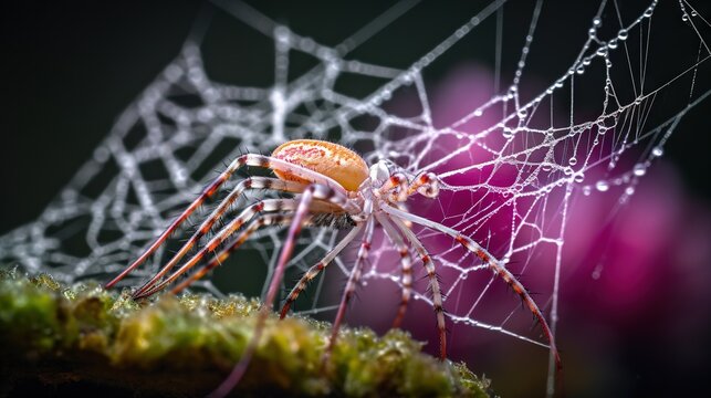  a close up of a spider on a web with dew drops.  generative ai