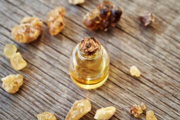 A bottle of frankincense essential oil and resin