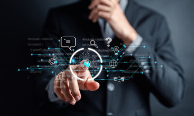 Ai Technology System. Businessman using chat bot intelligence Ai. Chat with AI Artificial Intelligence, developed by OpenAI generate. Futuristic technology, robot in online system.