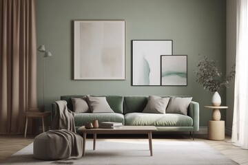 Fototapeta na wymiar Green Sage Living Room Interior Design Created with Generative AI