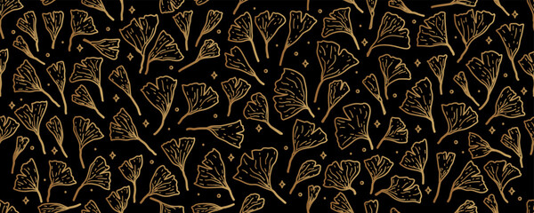 Ginkgo leaves seamless pattern. Floral background Luxury elegant pattern. Vector botanical illustration. Luxury cover design with golden leaves. 