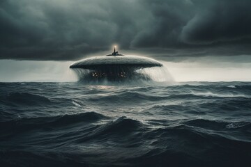Fototapeta na wymiar Menacing UFO levitating over turbulent sea during storm. Generative AI