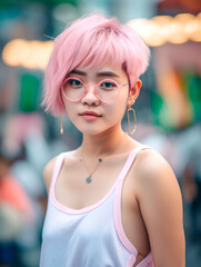 Fototapeta na wymiar urban portrait of a young asian girl with pink hair and glasses, generative AI