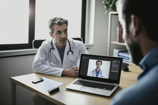 The doctor is showing a laptop computer with view of doctor in the screen in live conversation