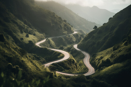 A winding road representing the spiritual journey in a beautiful mountain, generative AI