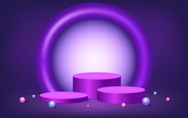Background with purple pedestal podium, plastic arch and floating balls