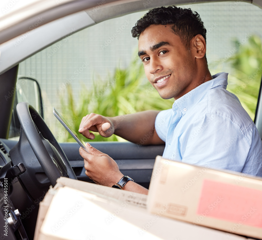 Aufkleber looks like ill be making a stop by you next. portrait of a young delivery man using a digital tablet