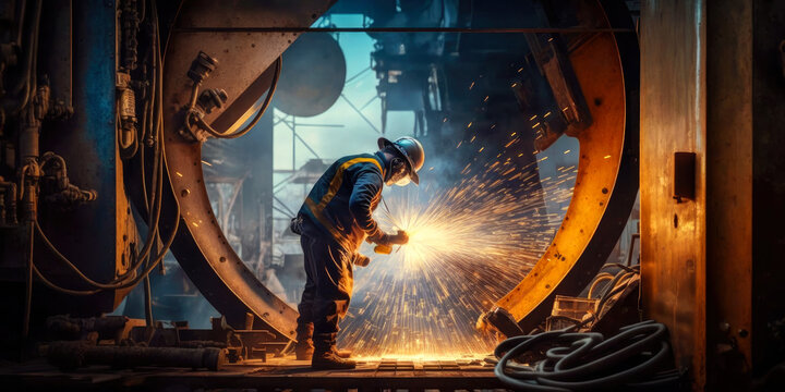 worker welds the metal hull of the ship in the shipyard , Ai generative